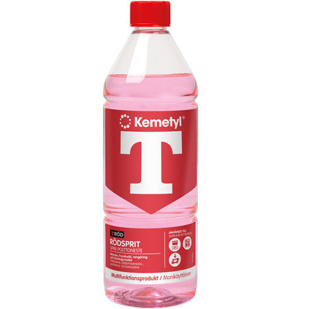 Kemetyl rødsprit brændsel i en 1 liters flaske på hvid baggrund.