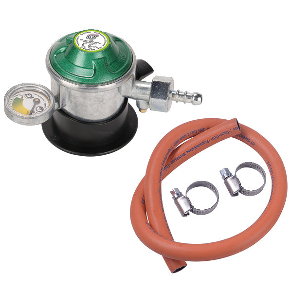 IGT gasregulator med manometer og 2 meter slange, vises fra siden