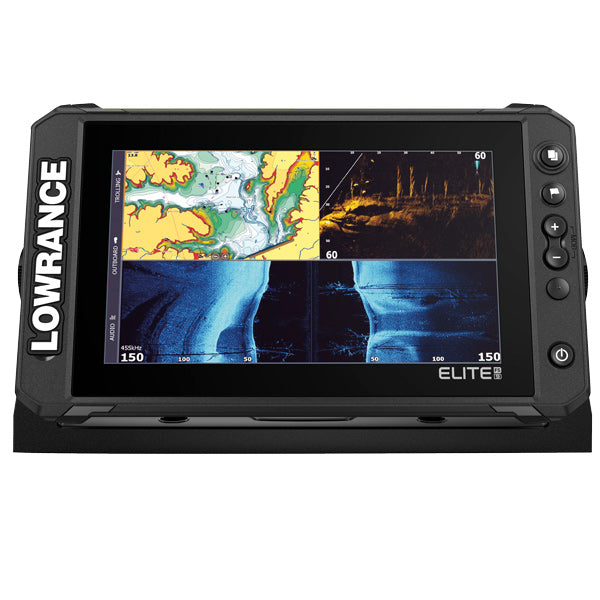 Lowrance Elite FS 9 kombi instrument med transducer, vist i brug på båd