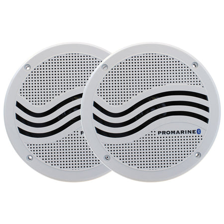 Promarine bluetooth højtaler slave i hvid, set forfra med højttalergrill og kontrolknapper.
