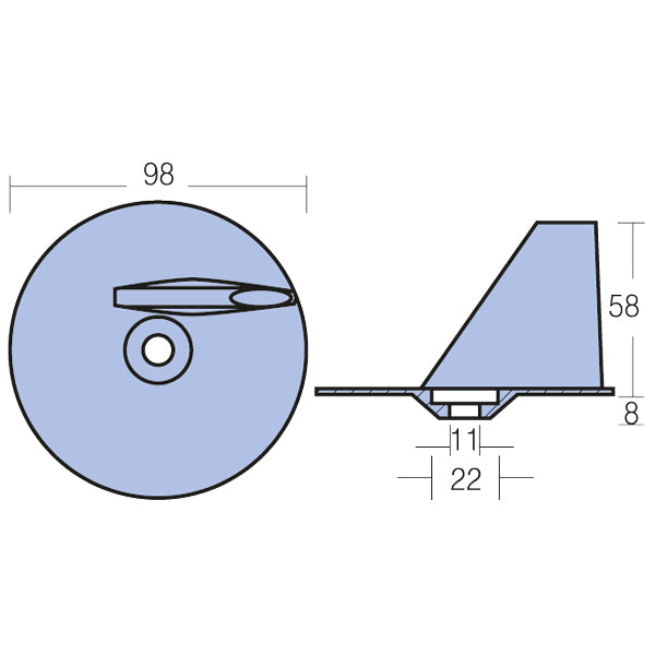 Tecnoseal zinkanode i perspektiv, fremhæver den runde 59 mm form