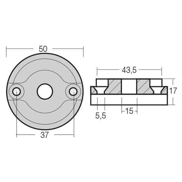 Tæt på 1852 Zinkanode Vetus bovpropel, viser forbindelsen til bådens motor