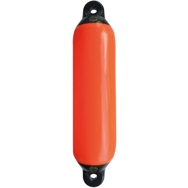 Dan-Fender 520 i orange med sort top, set forfra på båd.
