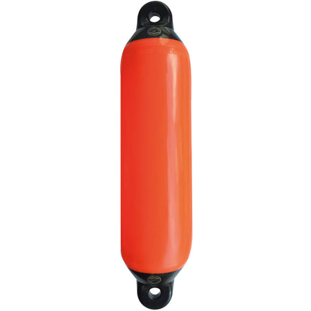 Dan-Fender 520 i orange med sort top, set forfra på båd.