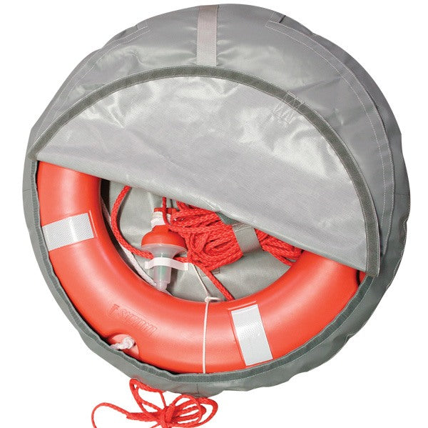 Lalizas redningsring med grå betræk og kasteline set forfra