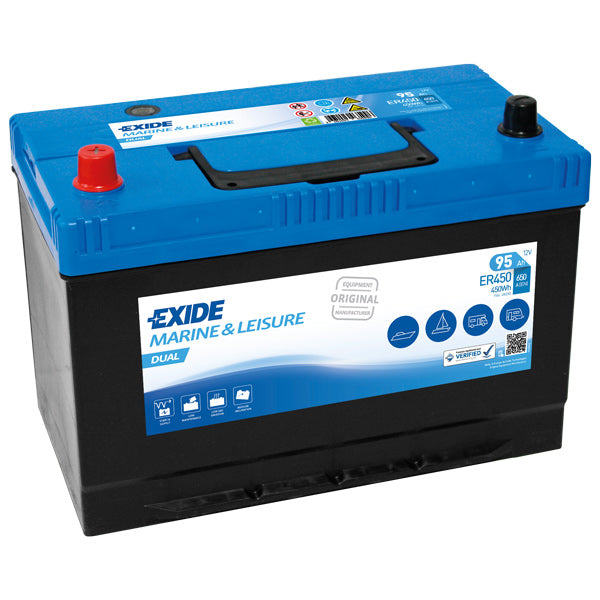 Exide Nautilus 95Ah batteri set fra siden med mål og specifikationer