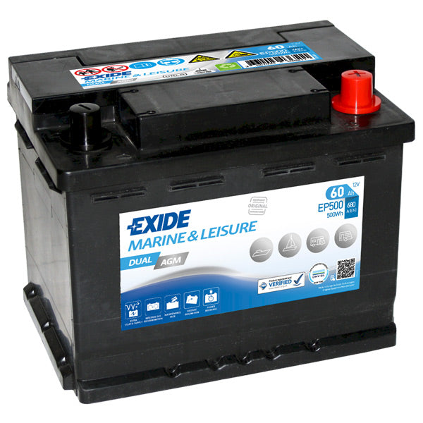 Exide AGM batteri set forfra, ideelt til bådbrug med 680cca og 60Ah.