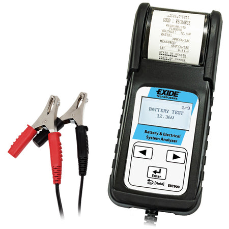 Exide batteritester EBT900 til 12V og 24V batterier, set forfra.