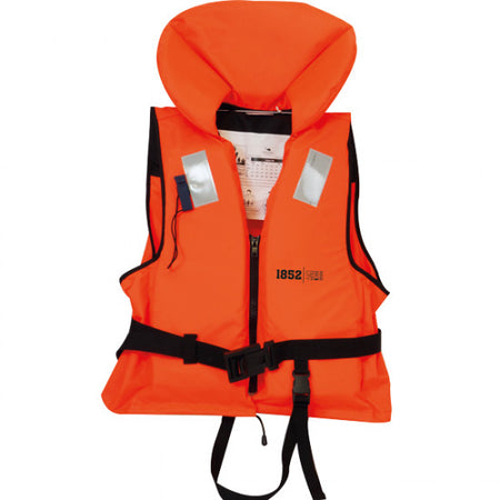 1852 redningsvest 100N til personer mellem 70-90 kg, set forfra med justerbare remme.