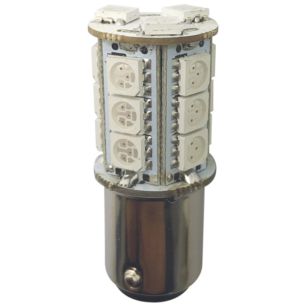 1852 LED lantern pære Bay15D med rød lysfarve, set fra siden.