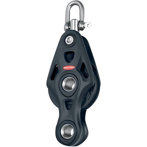 Ronstan violinblok med hundsvot, set i nærbillede og med detaljeret konstruktion.
