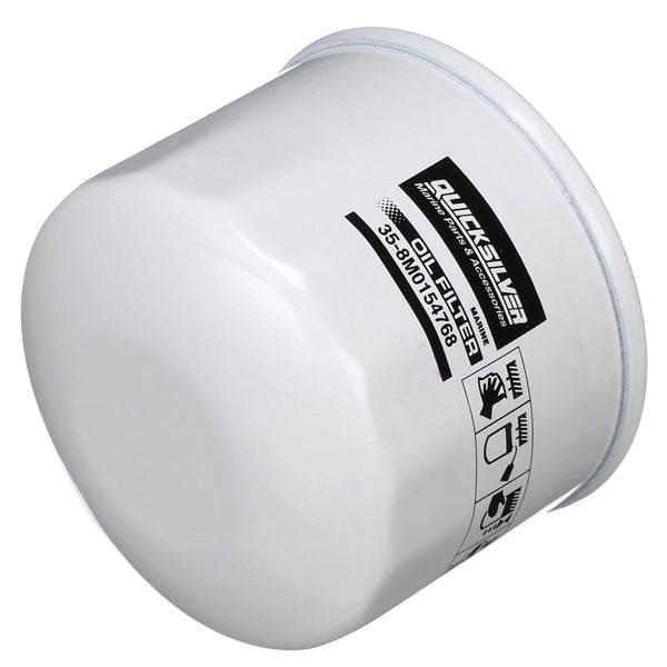 Quicksilver 8M0154768 oliefilter set forfra med tydelig mærkning