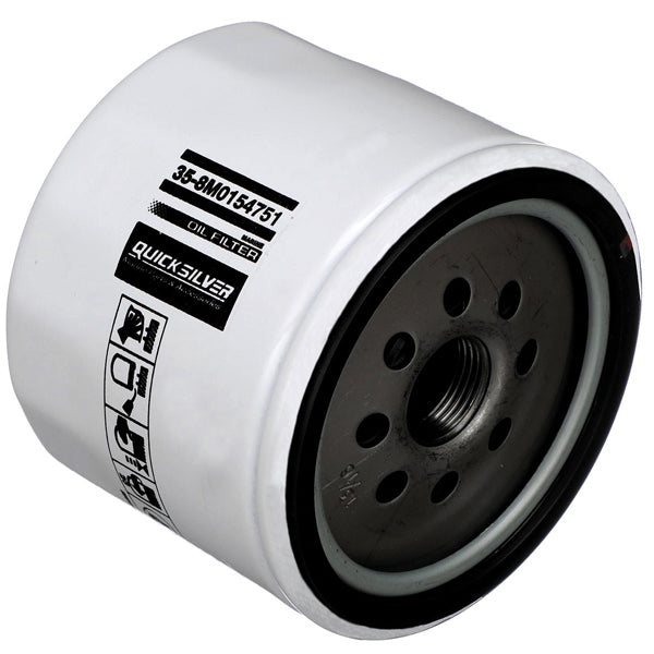 Quicksilver oliefilter 20-mikron set fra siden med etikette synlig