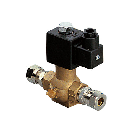 Marco magnetventil 12v 1/2", ses fra siden med tilslutninger.