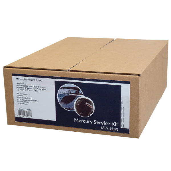 Delene i SeaTec Mercury Servicekit arrangeret på en hvid baggrund