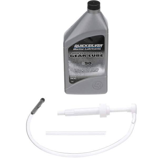 Quicksilver HP gear lube 1L med pumpe set fra siden, klar til brug.