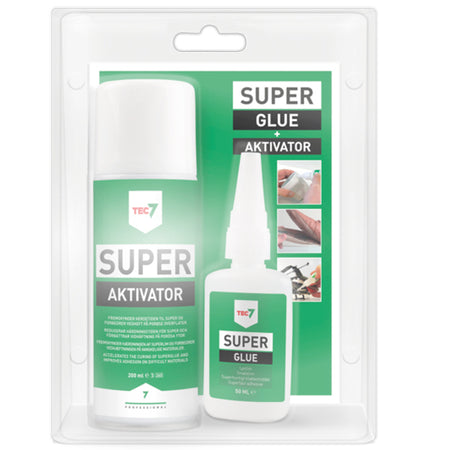 Tec7 super lim 50 ml og super aktivator 200 ml i produktpakke.
