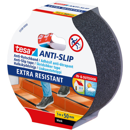 Tesa skrid tape i sort, rullet op, klar til brug