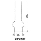 DHR lampeglas i størrelse 65 x 280 mm, set fra siden med klart glas