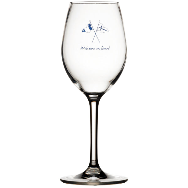 Velholdt Marine Business vin glas i klar glas, placeret på et bådspisebord.