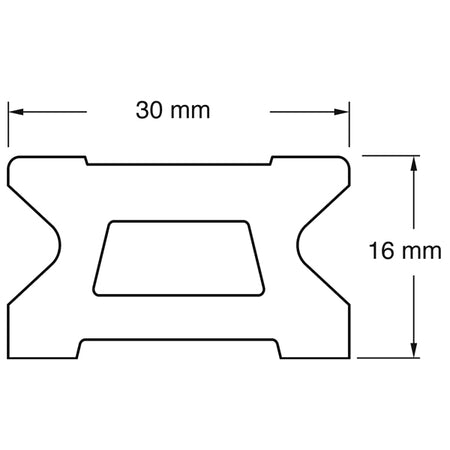 Forfra billede af Ronstan skødeskinne 30mm med detaljer af beslag.