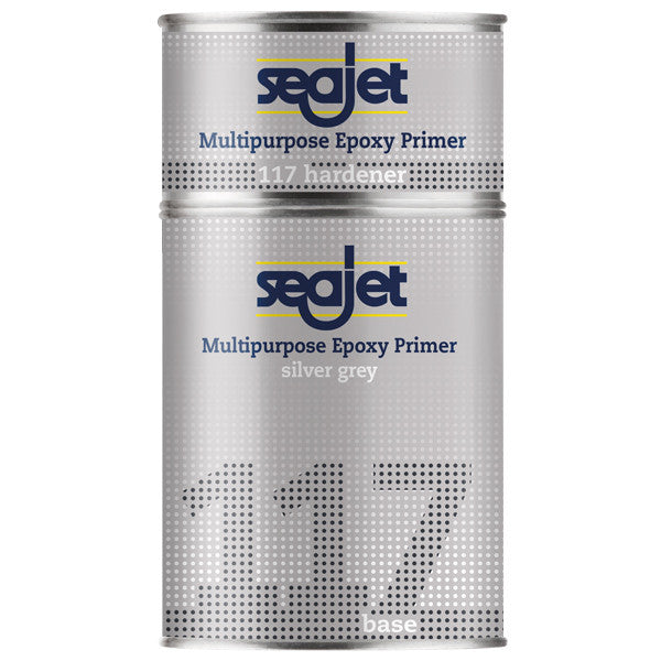 SeaJet 117 Multipurpose Epoxy Primer i sølvgrå farve, præsenteret i en 2,5L dåse
